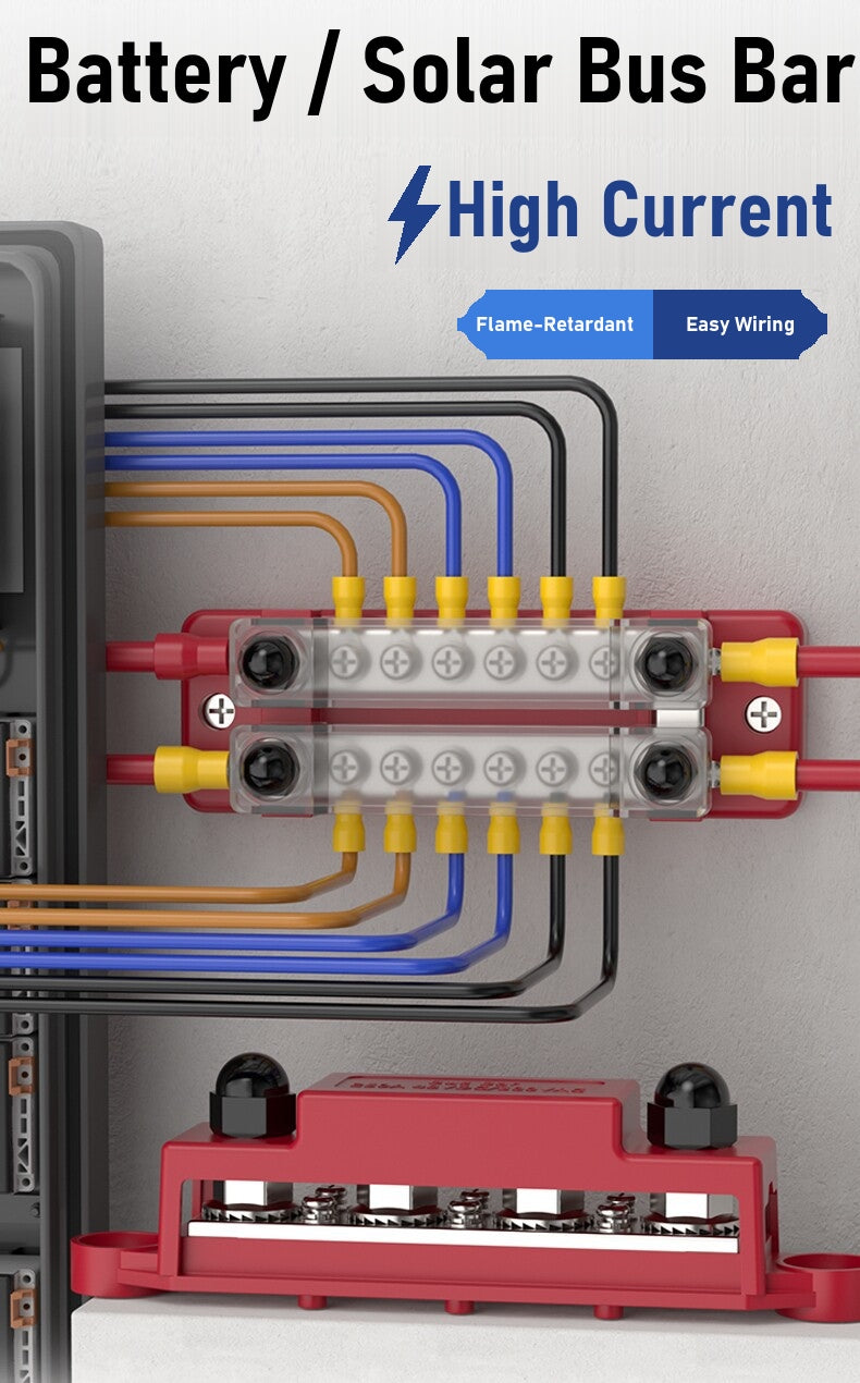 150A 6-terminal double row bus bar junction block with M8 terminals for marine, RV and solar DC systems