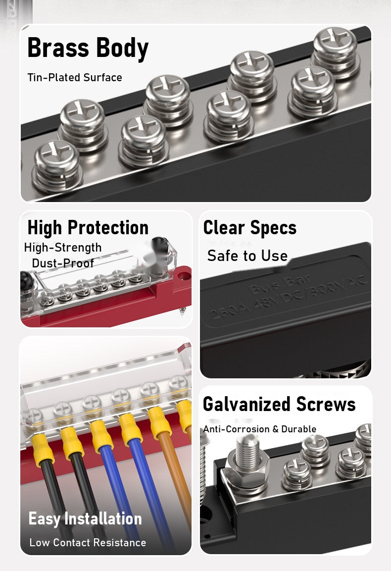 150A 6-terminal double row bus bar junction block with M8 terminals for marine, RV and solar DC systems