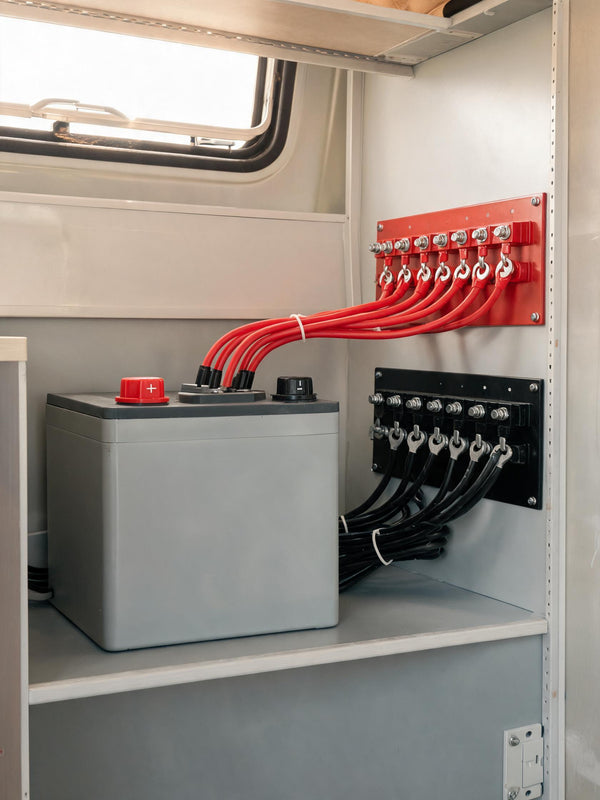 Van battery cabinet with two bus bars