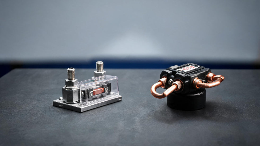 ANL fuse holder beside an MRBF terminal fuse block on an industrial workbench
