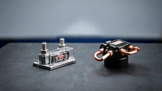 ANL fuse holder beside an MRBF terminal fuse block on an industrial workbench