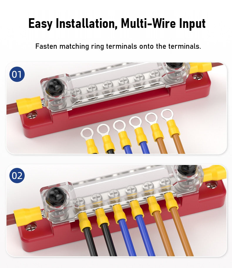 150A 6-terminal double row bus bar junction block with M8 terminals for marine, RV and solar DC systems
