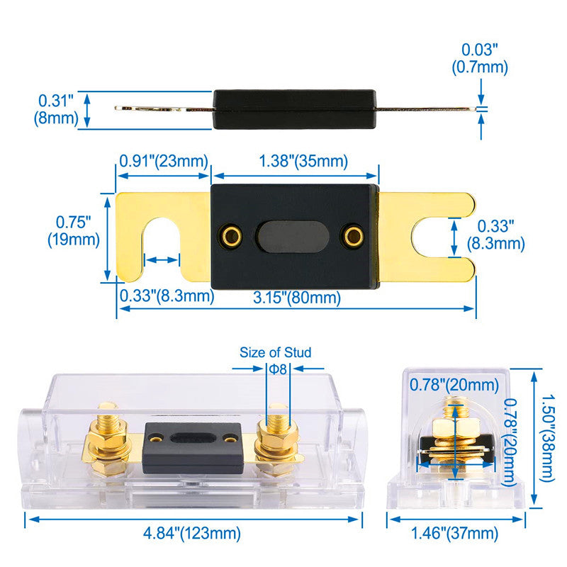 ANL fuse holder kit with marine-grade M8 stainless steel studs, clear acrylic body and insulating cover