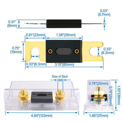 ANL fuse holder kit with marine-grade M8 stainless steel studs, clear acrylic body and insulating cover
