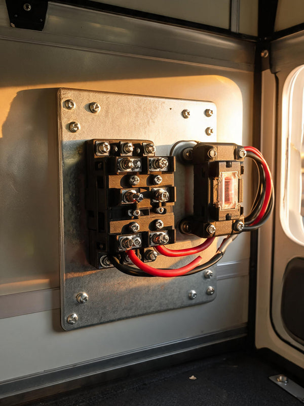 RV metal panel with ANL fuse holder and bus bar