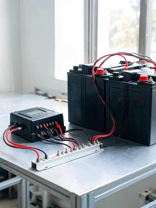 Off-grid solar combiner with bus bar and battery bank