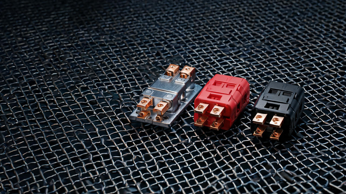 Hero banner: heavy-duty ANL fuse holders and Anderson connectors on industrial mesh